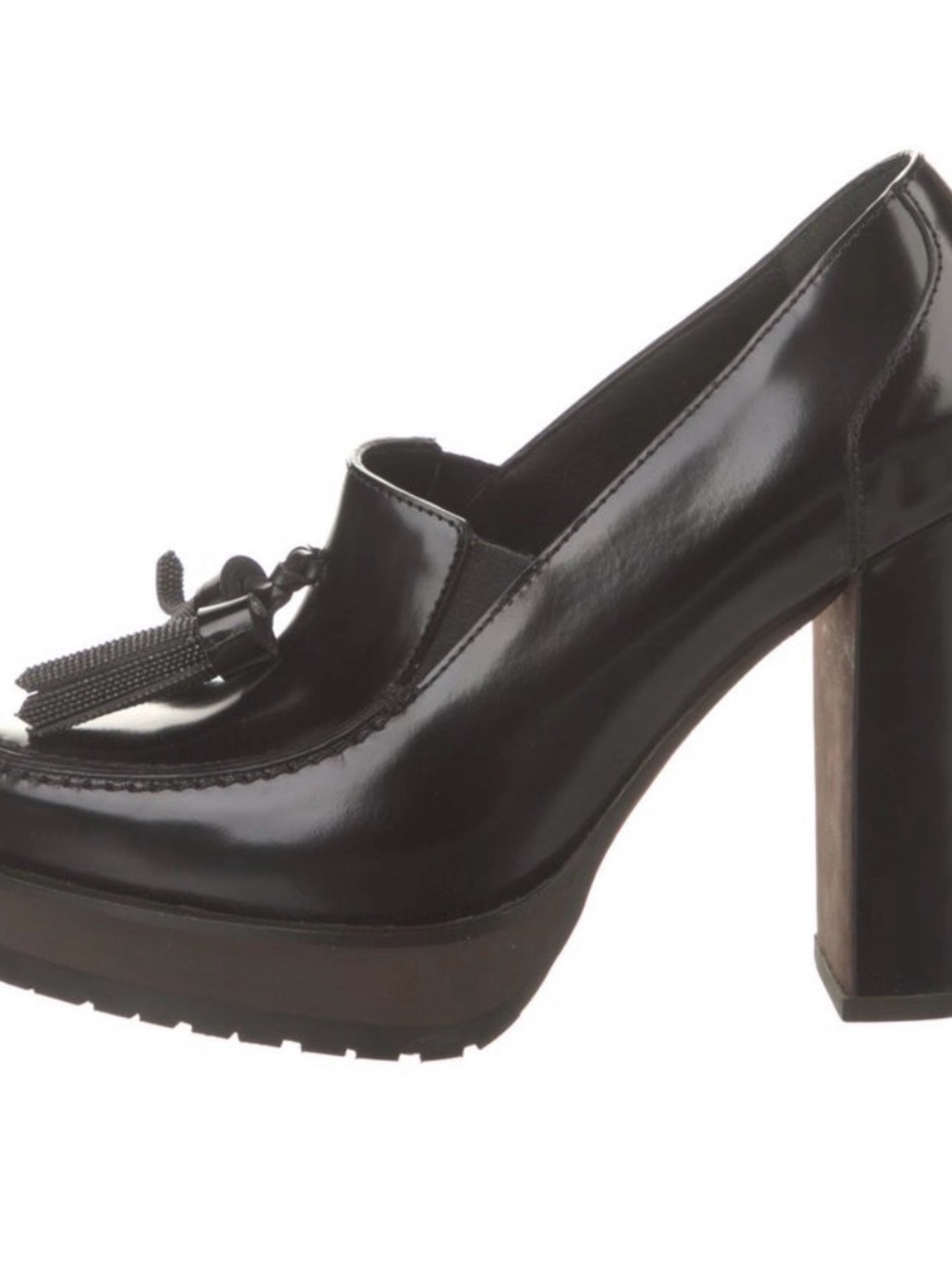 Brunello Cucinelli Black Patent Tassel Platform Block Heel